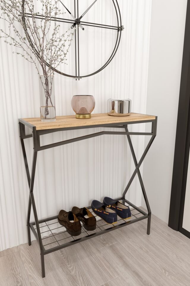 Dresuar Metal Ayaklı Çam Ahşap Raflı Dekoratif Çok Amaçlı 2 Raflı Düzenleyici Mutfak Düzenleyici