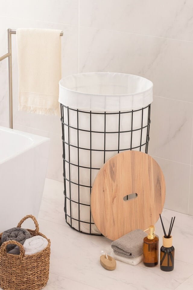 Banyo Düzenleyici Tel Kirli Sepet Ahşap Kapaklı Metal Gövde Kumaşlı Çamaşır Sepeti Banyo Aksesuar