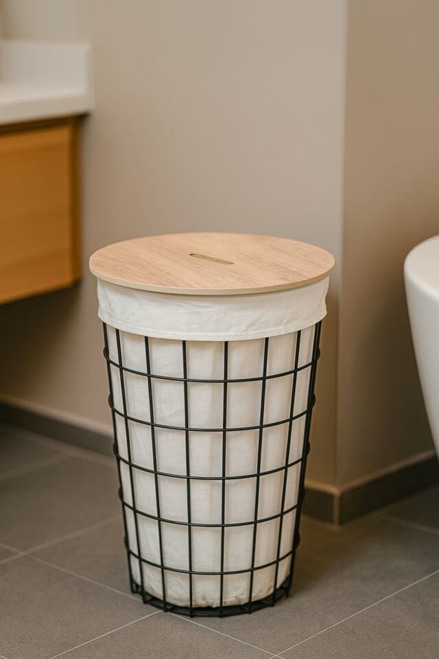 Banyo Düzenleyici Tel Kirli Sepet Ahşap Kapaklı Metal Gövde Kumaşlı Çamaşır Sepeti Banyo Aksesuar