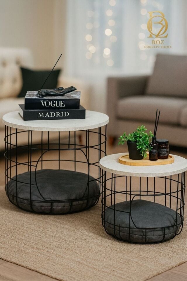 İkili Minderli Kedi Yuvalığı Metal Zigon Sehpa Seti