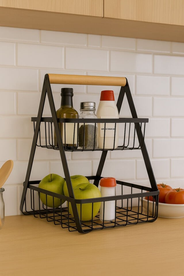 2 Katlı Siyah Otel TipiPaslanmaz Banyo Düzenleyici Mutfak Çok Kullanımlı Organizer Mutfak Rafı