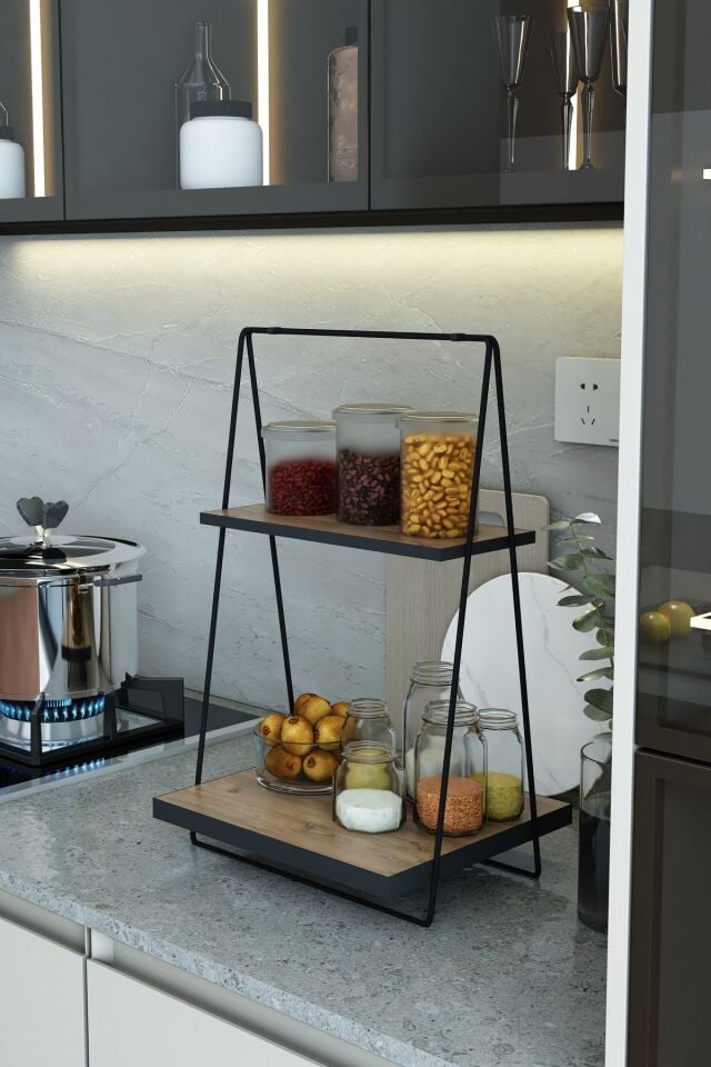 Siyah 2 Katlı Tezgah Üstü Raf Ahşap Tabanlı Metal Mutfak Düzenleyici ve Saklama Mutfak Rafı