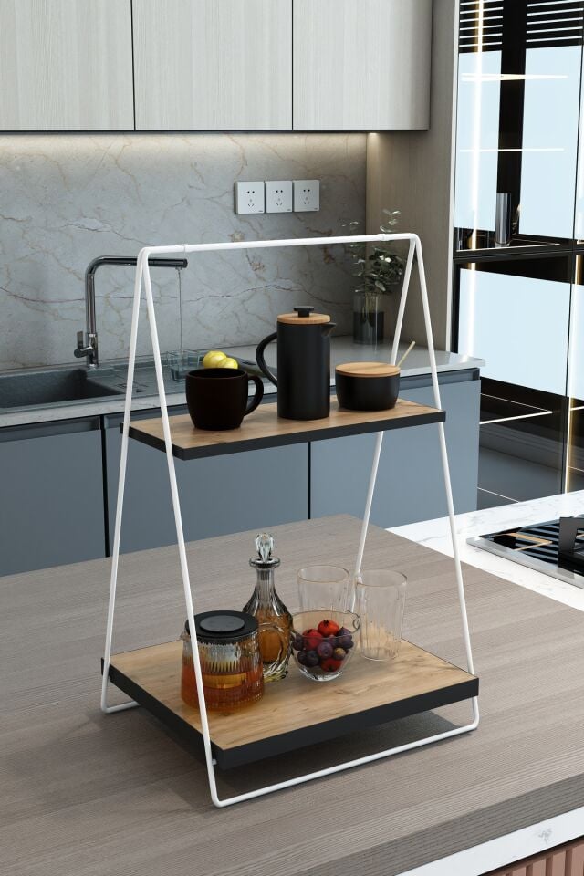 2 Katlı Tezgah Ahşap Tabanlı Metal Mutfak Rafı Düzenleyici Saklama Depolama